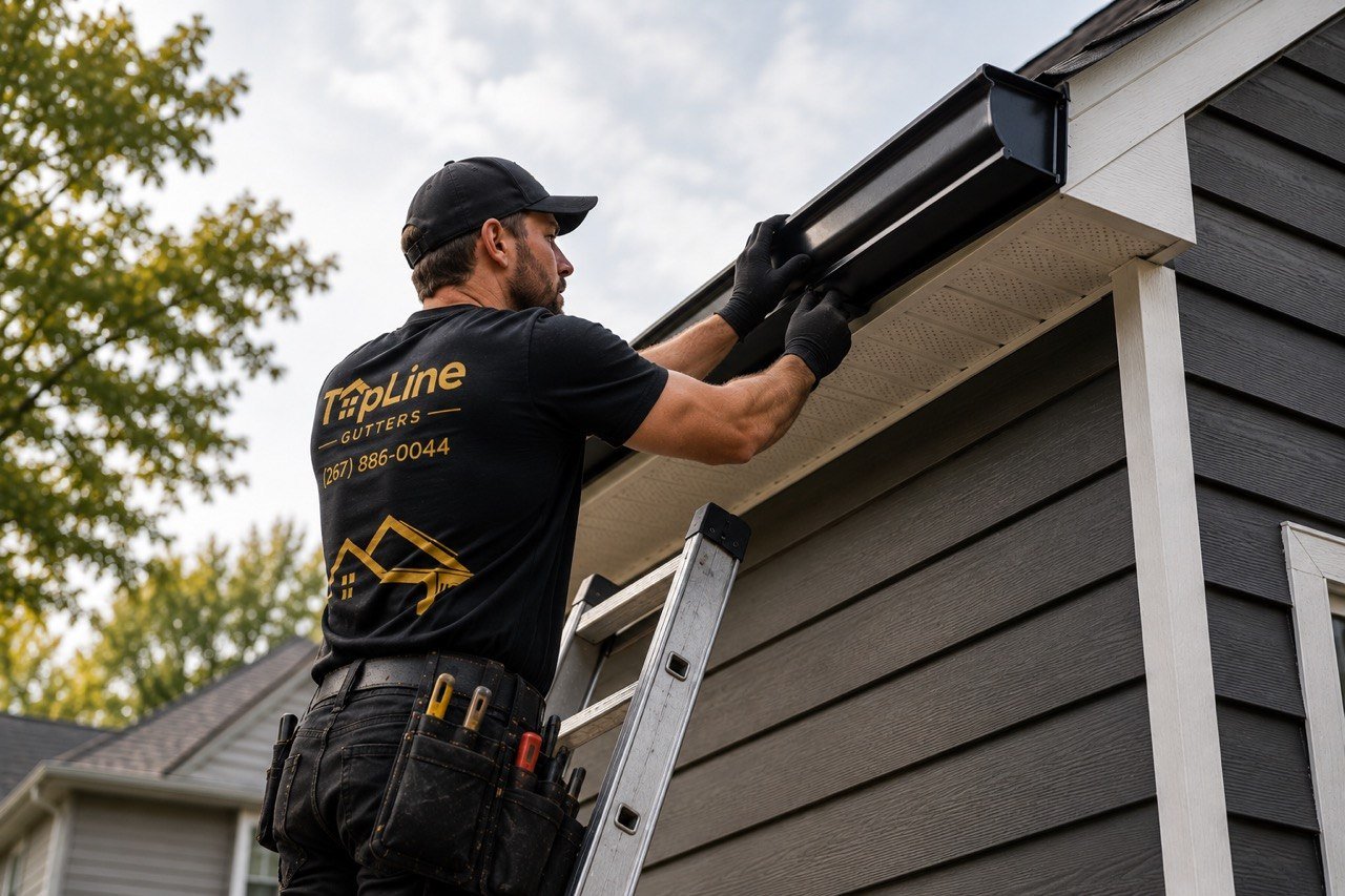 TopLine Gutters installer fitting seamless black gutter on Pennsylvania home