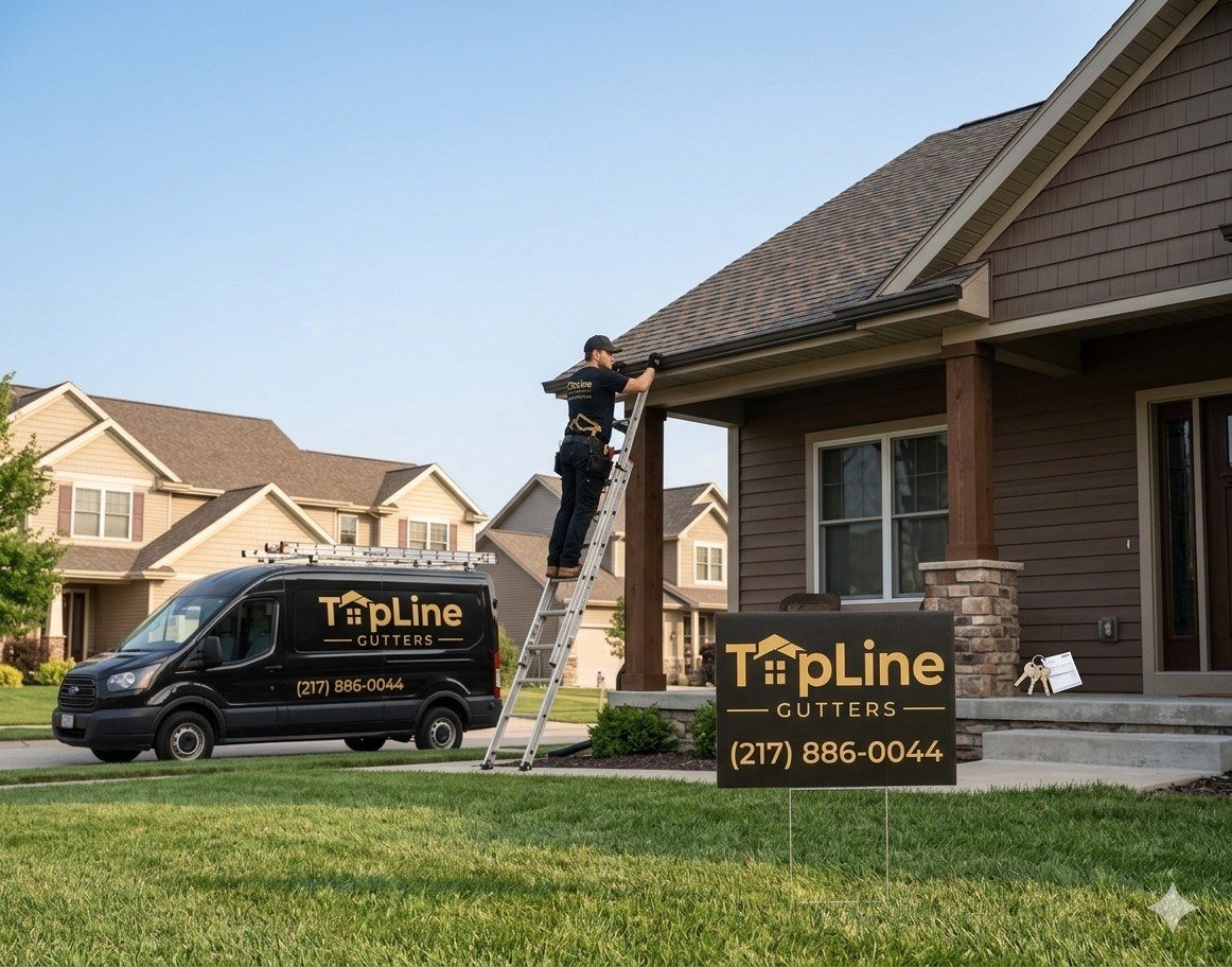 TopLine Gutters branded van and crew at gutter installation job in Bucks County